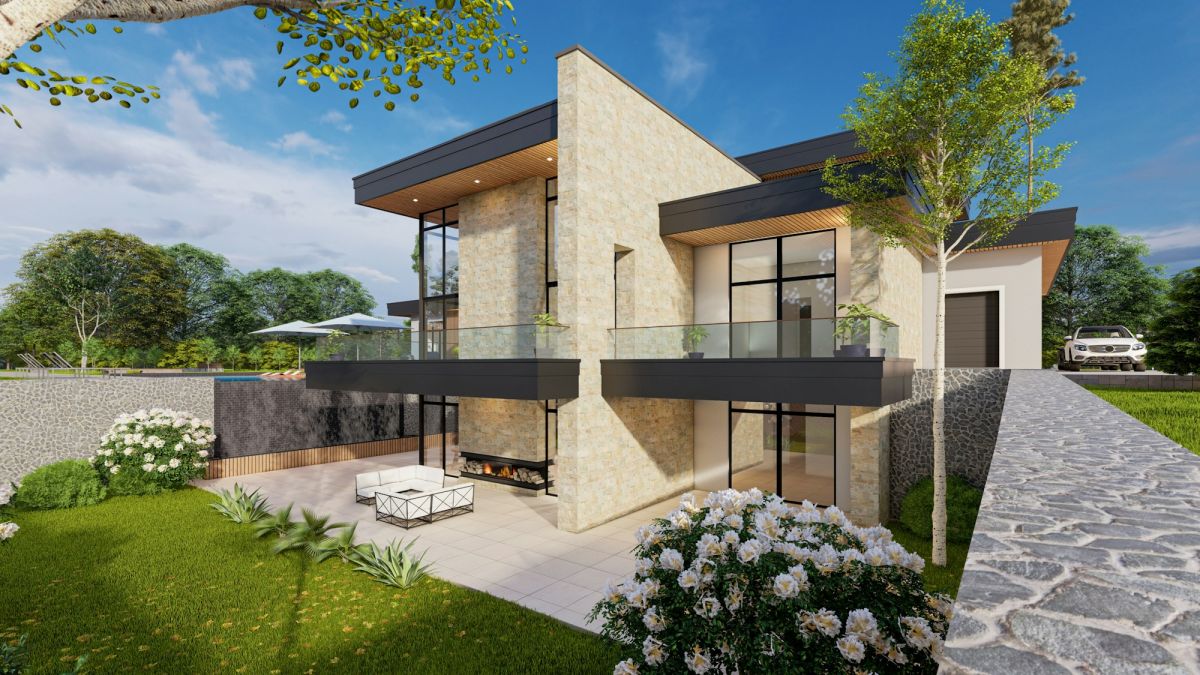 Hangterrasse — Haus mit Natursteinwand 186 m² · Bild 1