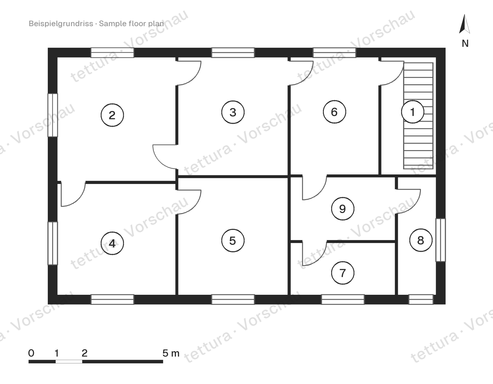 Maison du soir en pente — 232 m² avec jardin de graminées · Plan d'étage · Premier étage