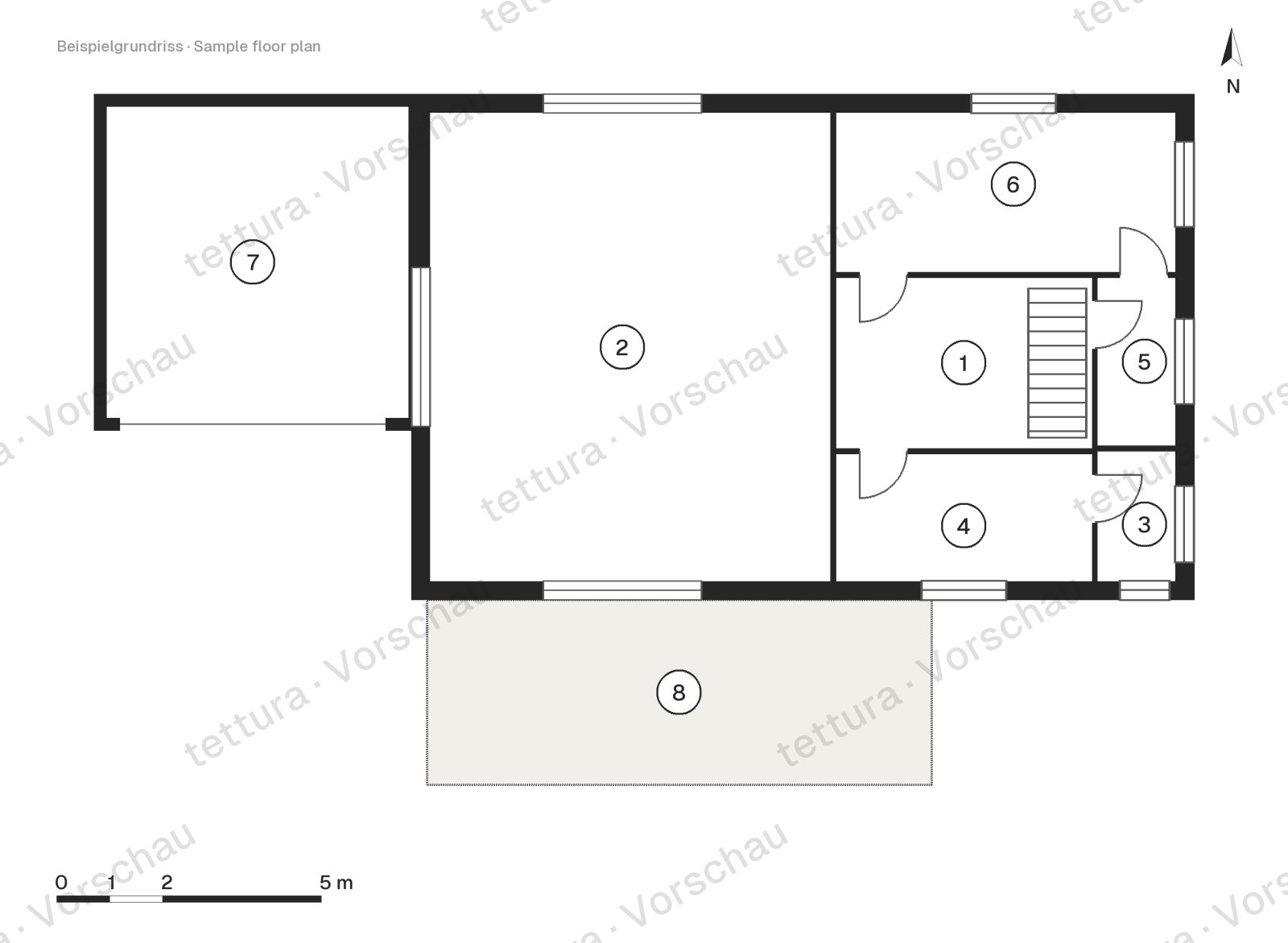 Maison du soir en pente — 232 m² avec jardin de graminées · Plan d'étage · Rez-de-chaussée