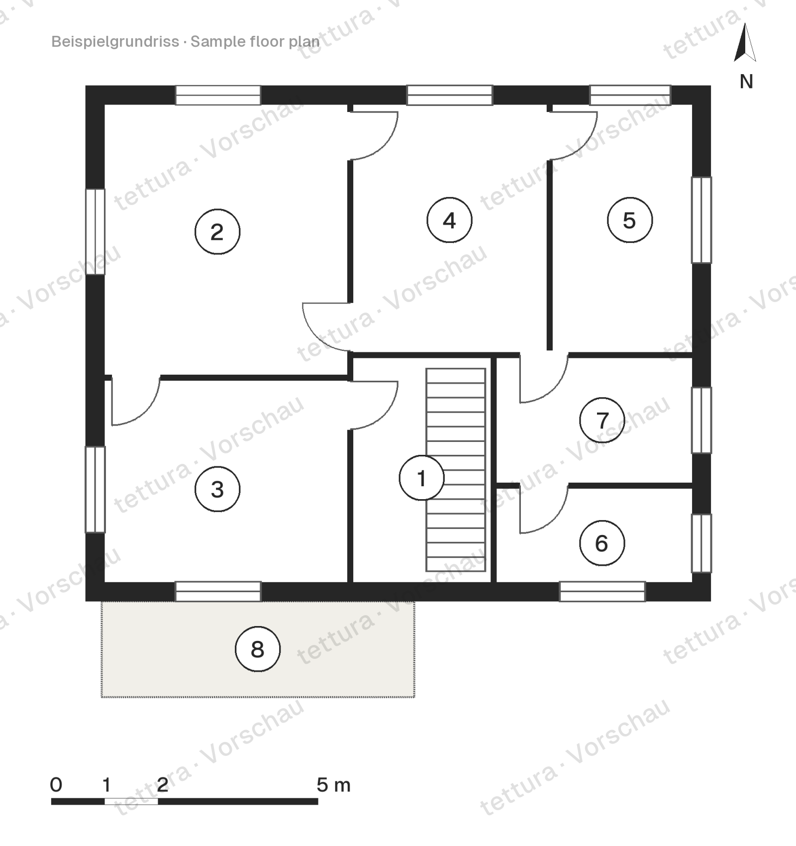 Terraza en ladera — casa con muro de piedra 186 m² · Plano de planta · Primera planta