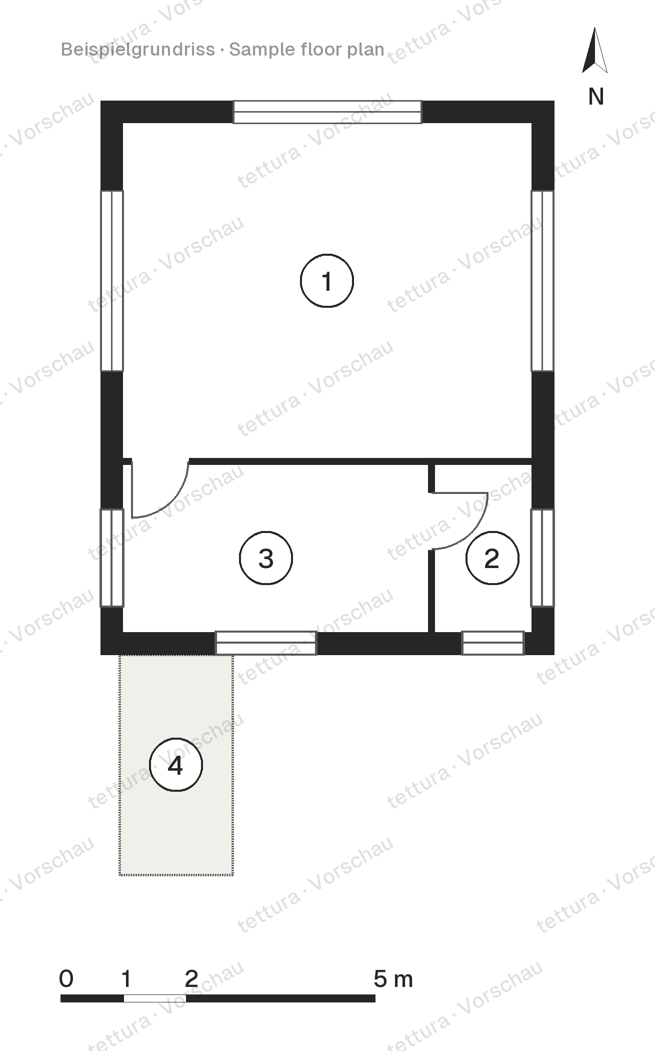 Studio a corte — due volumi in legno attorno a una pedana 52 m² · Pianta · Piano terra