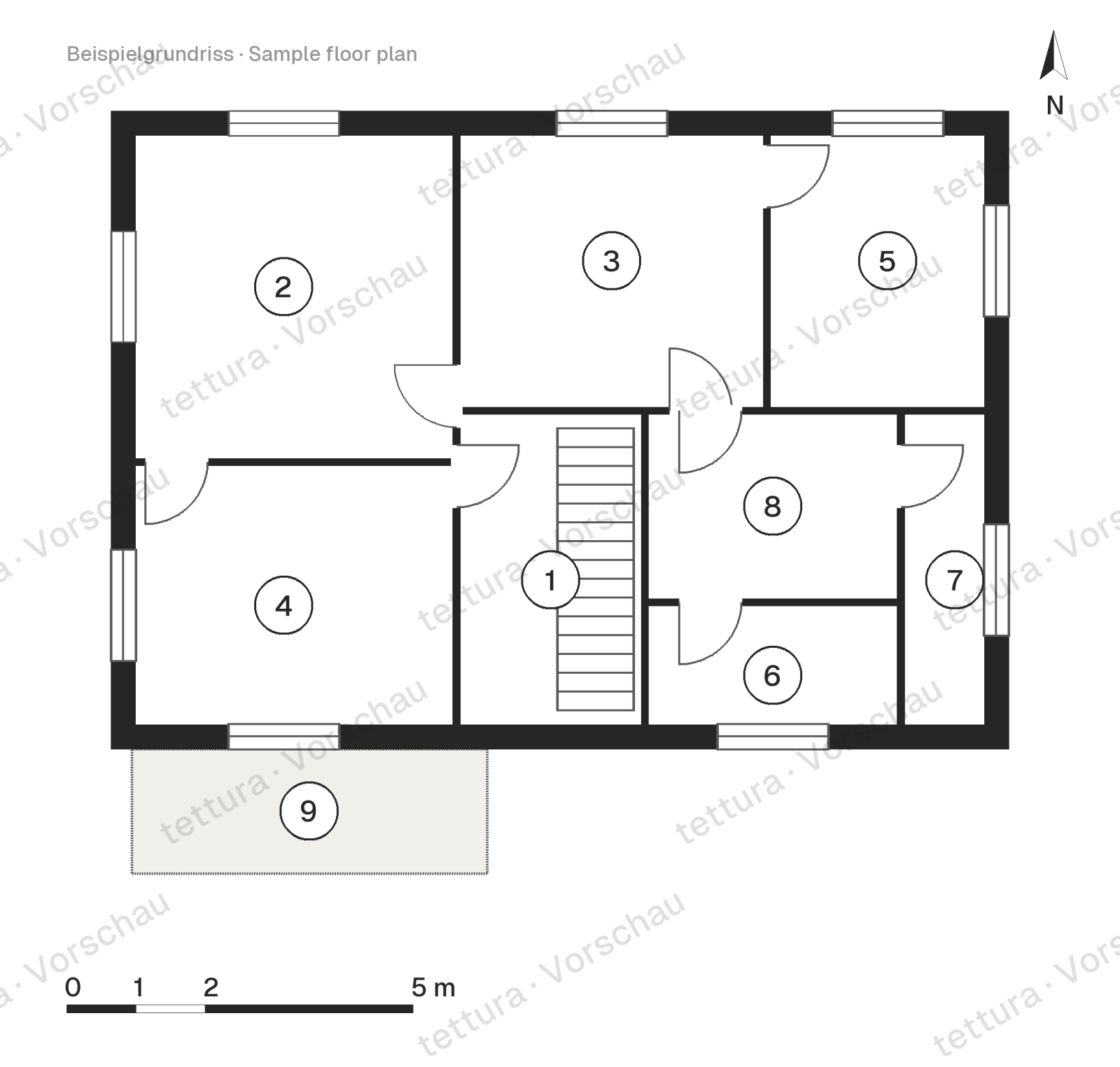 Villa a lamelle — 196 m² con schermo in legno · Pianta · Primo piano