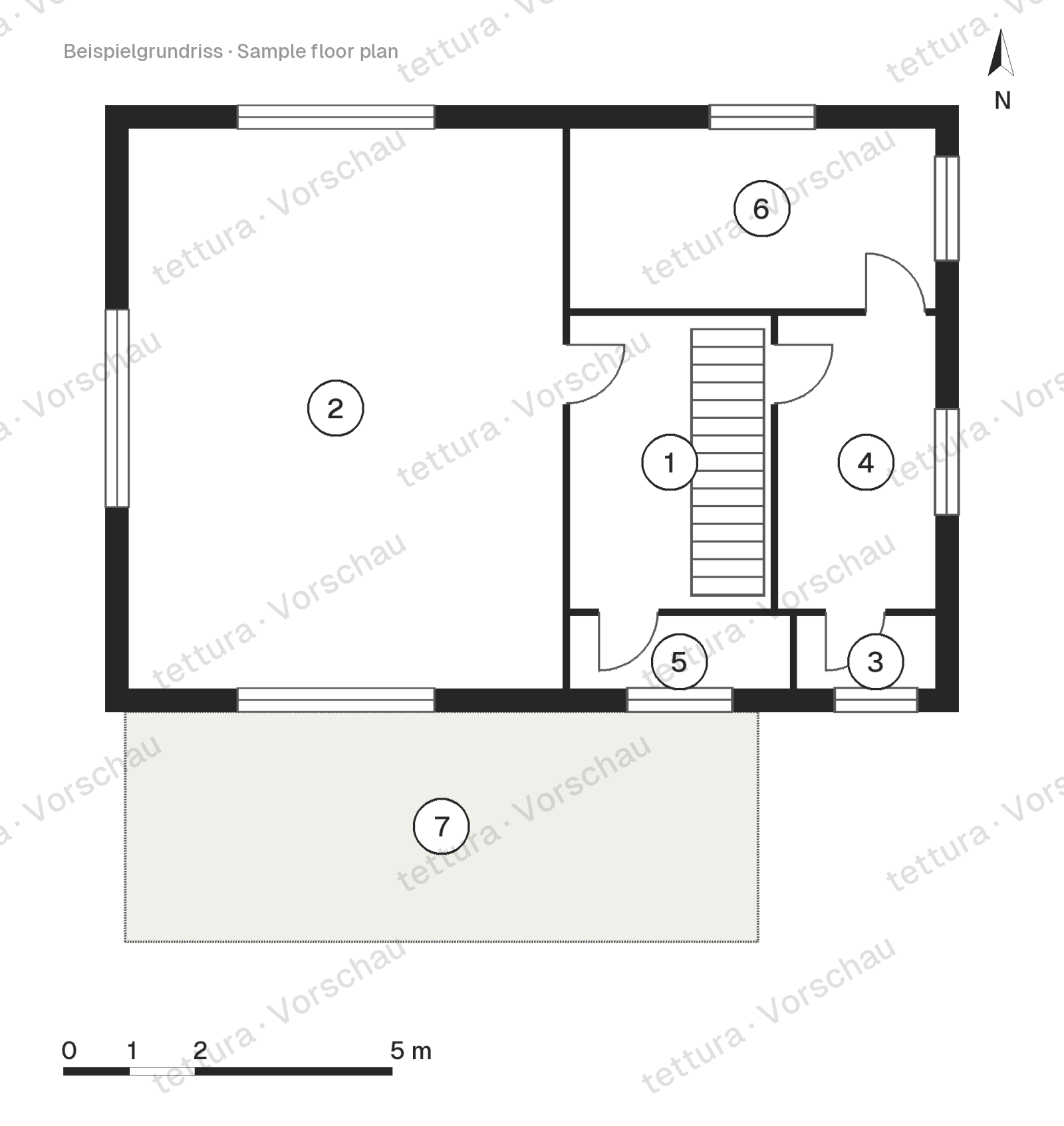 Villa a lamelle — 196 m² con schermo in legno · Pianta · Piano terra